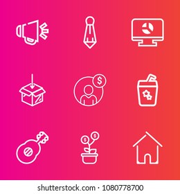 Premium set with outline vector icons. Such as professional, sound, money, drink, fashion, chart, volume, business, glass, estate, equipment, music, tie, voice, finance, loudspeaker, web, audio, tree