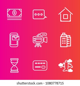 Premium set with outline vector icons. Such as money, concept, property, time, message, phone, wealth, house, credit, aircraft, real, sign, business, construction, microphone, tripod, email, finance