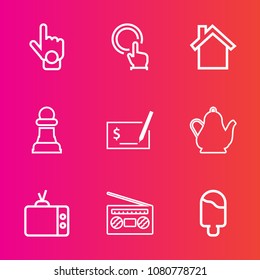 Premium set with outline vector icons. Such as gesture, game, horse, home, direction, telephone, television, hot, click, hand, tv, dessert, pay, sweet, touch, cream, finger, mobile, check, push, food