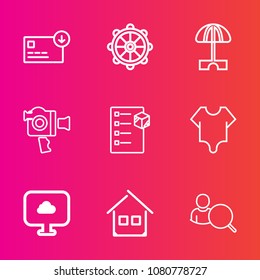 Premium set with outline vector icons. Such as cloud, web, online, equipment, film, internet, ship, helm, hand, finance, sack, bodysuit, wheel, house, cash, sun, currency, home, girl, box, business