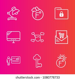 Premium set with outline vector icons. Such as people, pc, furniture, folder, thermometer, list, interior, modern, white, computer, metal, temperature, male, safety, lamp, security, businessman, lock