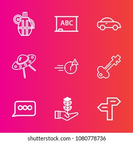 Premium set with outline vector icons. Such as dangerous, background, spacecraft, chalkboard, taxi, lock, war, chat, danger, vintage, tree, key, bomb, night, growth, chalk, speech, ammunition, grenade