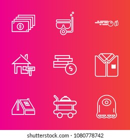 Premium set with outline vector icons. Such as bowling, shirt, cartoon, strike, property, bank, fashion, recreation, mortgage, money, service, equipment, character, roof, summer, rent, bowl, alien