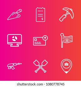 Premium set with outline vector icons. Such as credit, boat, bill, location, screwdriver, crane, financial, military, shovel, picking, work, template, paddle, job, tool, weapon, machinery, canoe, pay