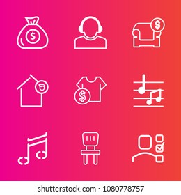 Premium set with outline vector icons. Such as office, shop, plan, sale, cost, house, note, business, sound, support, service, home, mortgage, operator, center, customer, sofa, apartment, team, coin