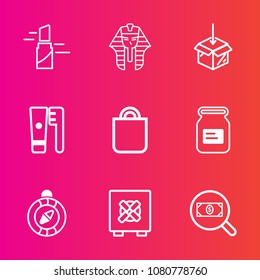 Premium set with outline vector icons. Such as find, lip, red, metal, clean, history, beautiful, security, egyptian, south, health, art, hygiene, can, bag, lipstick, fashion, culture, compass, pink