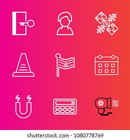 Premium set with outline vector icons. Such as female, america, safety, electric, business, field, technology, woman, people, emergency, male, door, hair, global, space, internet, day, calculator, up