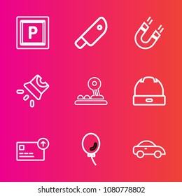 Premium set with outline vector icons. Such as finance, field, magnet, cook, black, butcher, web, restaurant, pole, hat, holiday, transport, technology, screen, taxi, cash, celebration, street, arrow
