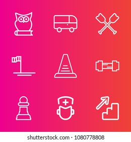 Premium set with outline vector icons. Such as bus, mexico, fitness, business, nature, oar, street, downstairs, owl, workout, upstairs, paddle, medical, speed, doctor, chess, travel, exercise