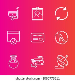 Premium set with outline vector icons. Such as technology, money, page, white, car, underwater, border, sea, image, equipment, beach, transportation, picture, laboratory, frame, snorkeling, photo, art