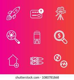 Premium set with outline vector icons. Such as shuttle, video, web, astronaut, travel, rocket, apartment, bullet, home, room, equipment, search, spaceship, bank, space, luxury, new, house, cash, coin