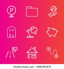 Premium set with outline vector icons. Such as horror, finance, fear, coin, urban, map, destination, home, money, folder, traffic, cargo, empty, delivery, point, ghost, paper, automobile, architecture
