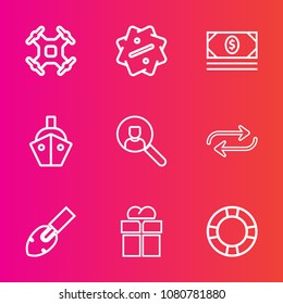 Premium set with outline vector icons. Such as cash, vessel, sale, price, pool, replacement, bank, ship, change, computer, box, present, coin, sign, aircraft, aerial, inflatable, summer, ring, giftbox