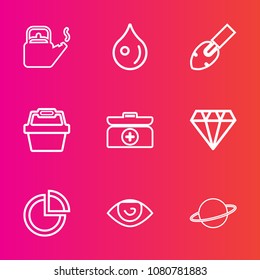 Premium set with outline vector icons. Such as abstract, blue, astronomy, kettle, basket, cross, tool, drink, kitchen, body, steam, gem, kit, construction, hot, presentation, rain, heat, space, chart
