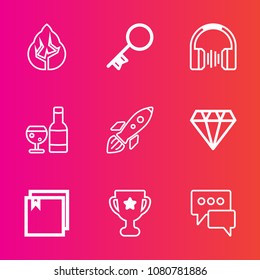 Premium set with outline vector icons. Such as wood, plant, security, achievement, first, chat, space, diamond, message, science, audio, red, rocket, nature, trunk, place, forest, web, music, speech
