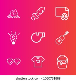 Premium set with outline vector icons. Such as battle, water, sound, wildlife, jump, music, weapon, concert, ancient, award, guitar, diploma, idea, clean, knight, sword, typography, container, wild