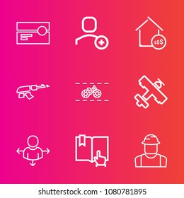 Premium set with outline vector icons. Such as sound, property, builder, direction, user, web, aircraft, place, plane, stereo, weapon, military, cassette, retro, plastic, gun, click, house, book, tape