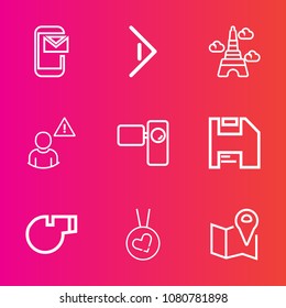 Premium set with outline vector icons. Such as email, referee, eiffel, movie, web, tripod, retro, love, button, europe, video, location, phone, online, contact, right, architecture, pin, travel, alarm