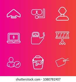 Premium Set With Outline Vector Icons. Such As Fly, Man, Glass, Mask, Snorkel, Container, Jump, Tag, Instrument, Steam, Sky, Account, Water, Business, Skydiver, Laptop, Diving, People, Sport, Air, Sea