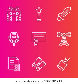 Premium set with outline vector icons. Such as business, race, outdoor, wheel, spy, paper, road, station, dirt, financial, music, sword, weapon, song, search, label, star, glasses, winner, certificate