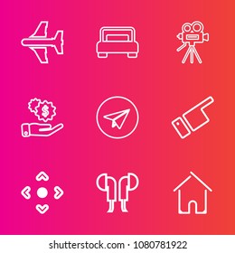 Premium set with outline vector icons. Such as plane, button, pointing, furniture, transportation, people, retro, direction, flight, arrow, interior, aviation, email, web, audio, finger, transport