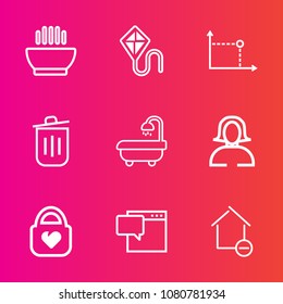 Premium set with outline vector icons. Such as wood, sign, dish, property, speech, woman, joy, style, removal, interior, garbage, trash, happy, modern, fashion, cuisine, summer, bubble, dinner, sky
