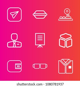 Premium set with outline vector icons. Such as square, money, food, cash, burger, email, communication, meeting, message, internet, wallet, button, finance, purse, shirt, cheese, employer, smartphone