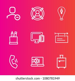 Premium set with outline vector icons. Such as telephone, businessman, pin, marketing, mobile, management, target, pencil, shopping, blank, home, call, concept, poster, cell, web, business, customer