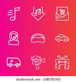 Premium set with outline vector icons. Such as receipt, technology, check, internet, computer, atv, car, music, abstract, call, wheel, list, business, ambulance, center, equipment, handle, video, dirt