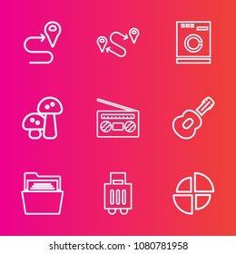 Premium set with outline vector icons. Such as airport, point, blank, route, luggage, washer, sound, chart, road, place, appliance, destination, radio, nature, machine, domestic, edible, musical, file
