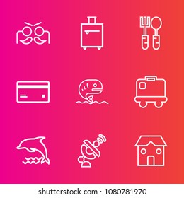 Premium set with outline vector icons. Such as fun, tourist, technology, food, nature, decoration, kitchen, festival, business, animal, baggage, global, wildlife, celebration, suitcase, construction