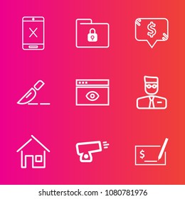 Premium set with outline vector icons. Such as war, business, frame, clinic, price, safety, doctor, sign, connection, computer, surgery, operation, document, home, security, subscription, tv, wire
