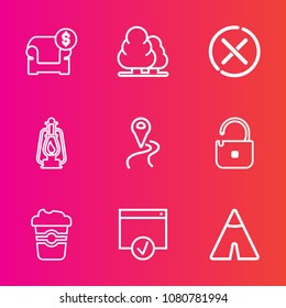 Premium set with outline vector icons. Such as coffee, price, green, adventure, travel, lantern, protection, modern, vintage, camp, lamp, cup, business, mug, road, retail, trunk, tree, outdoor, nature