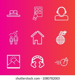 Premium set with outline vector icons. Such as business, building, service, modern, growth, man, night, object, team, home, head, cap, style, digital, success, audio, fire, headset, danger, power, hat