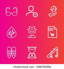 Premium set with outline vector icons. Such as fashion, box, sign, , nature, time, summer, leaf, modern, fishing, forest, sun, pictogram, cargo, landscape, timer, account, web, shopping, vision, rod