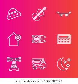 Premium set with outline vector icons. Such as spaceship, board, dumper, star, science, instrument, favorite, communication, truck, vehicle, moon, home, skater, ship, sound, musical, technology, space