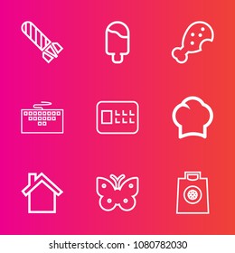 Premium set with outline vector icons. Such as burn, buy, sale, security, flame, danger, cloud, home, chef, summer, dessert, fast, explosive, cook, explosion, safe, power, meal, uniform, fire, bomb