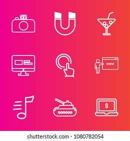 Premium set with outline vector icons. Such as juice, photography, film, melody, science, website, web, musical, gun, pole, touch, button, magnet, internet, laptop, drink, digital, screen, lens, glass