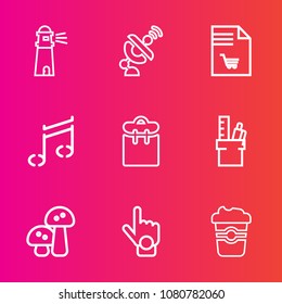 Premium set with outline vector icons. Such as global, gesture, drink, list, notebook, people, beach, supermarket, beacon, equipment, food, edible, communication, work, office, nature, index, coast