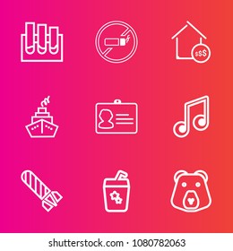 Premium set with outline vector icons. Such as danger, tobacco, no, estate, cocktail, identity, animal, warning, property, id, sound, medical, power, wild, name, explosion, laboratory, tube, medicine
