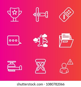 Premium set with outline vector icons. Such as row, fly, paper, reward, game, risk, plane, trophy, airplane, achievement, flight, message, timer, hour, sand, clock, transportation, sport, air, play