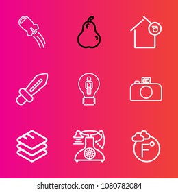 Premium set with outline vector icons. Such as owner, rocket, landlord, vintage, craft, phone, information, knight, data, shuttle, satellite, scale, medieval, ship, sword, blade, fruit, fahrenheit