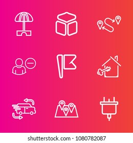 Premium set with outline vector icons. Such as delete, plug, vacation, map, transportation, umbrella, destination, electricity, key, sign, navigation, object, direction, parasol, sun, element, summer