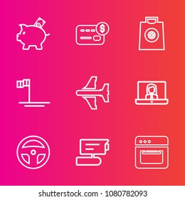 Premium set with outline vector icons. Such as bank, purchase, ocean, camera, video, travel, food, plane, payment, credit, call, economy, baja, coin, equipment, money, account, oven, investment, tv