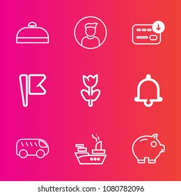 Premium set with outline vector icons. Such as tourism, money, cash, hand, alert, flower, luggage, bank, finance, floral, flag, america, baggage, highway, bus, male, military, economy, nature, tourist