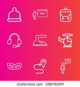Premium set with outline vector icons. Such as support, transport, arrow, party, call, website, object, route, location, navigation, person, helicopter, communication, housework, head, fashion, bag