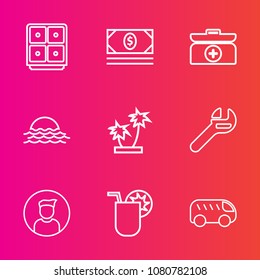 Premium set with outline vector icons. Such as palm, cocktail, box, move, spanner, sun, morning, bank, first, cash, coin, sign, medicine, banking, business, aid, nature, tropical, sunrise, drink, safe