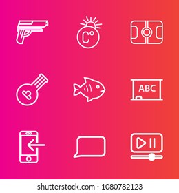 Premium set with outline vector icons. Such as black, football, folk, player, pistol, soccer, transfer, gun, speech, musical, sea, military, sport, technology, board, background, button, weapon, white