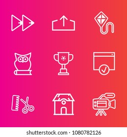 Premium set with outline vector icons. Such as hairdresser, player, joy, victory, summer, microphone, sign, cup, house, estate, web, rewind, media, tripod, bird, architecture, lens, download, audio
