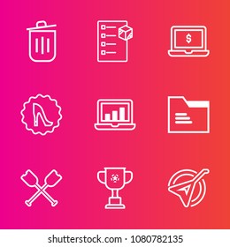 Premium set with outline vector icons. Such as can, victory, folk, bin, ecology, transport, championship, notebook, delivery, instrument, box, technology, chart, recycling, garbage, trash, cargo, oar